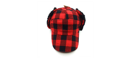 red and black plaid winter hat with wool inside