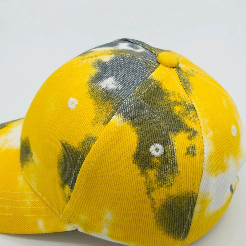 side and cutomize printing details of yellow tie-dyed hat